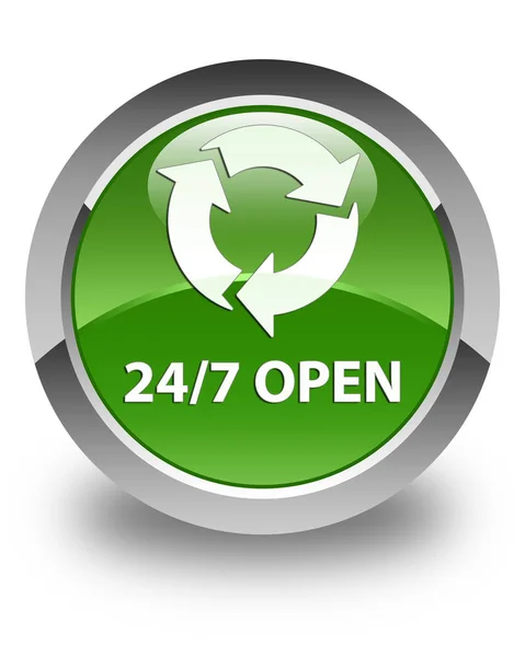 24/7 open glossy soft green round button — Stock Photo, Image