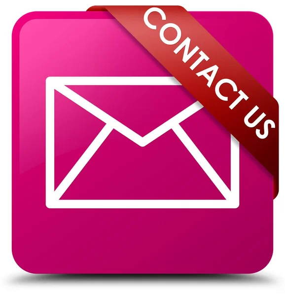 Contact us (email icon) pink square button red ribbon in corner — Stock Photo, Image