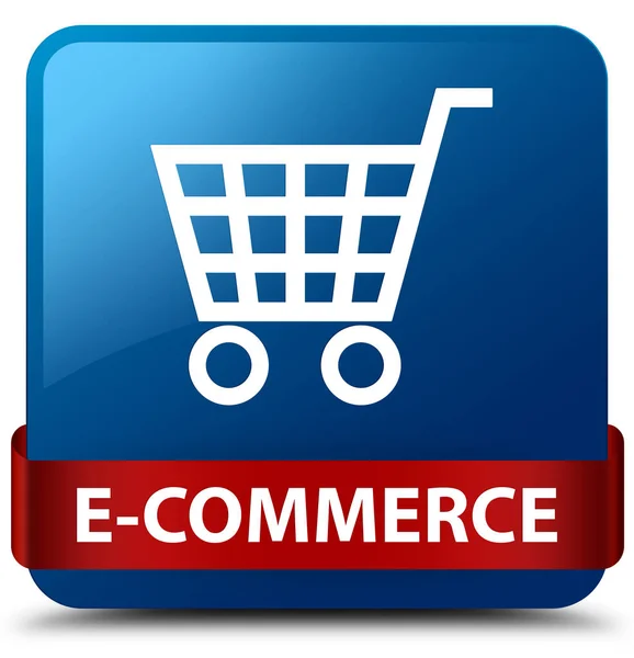 E-commerce μπλε τετράγωνο κουμπί κόκκινη κορδέλα στη μέση — Φωτογραφία Αρχείου