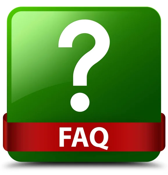 Faq (question icon) green square button red ribbon in middle — Stock Photo, Image