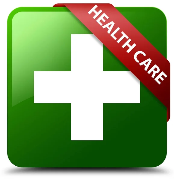 Cuidado de la salud (signo más) verde botón cuadrado cinta roja en la esquina —  Fotos de Stock