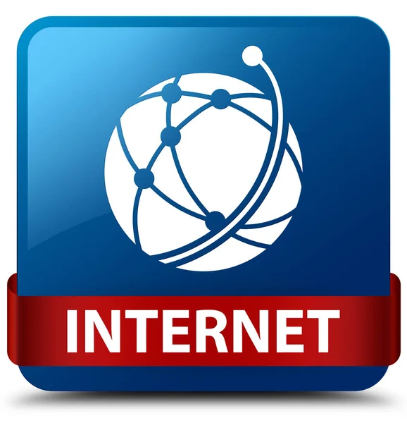 Internet (globales Netzwerk-Symbol) blauer quadratischer Knopf rotes Band in — Stockfoto