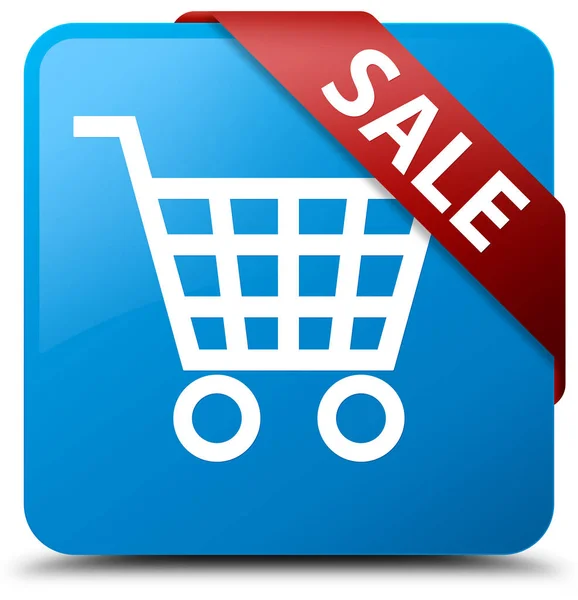 Prodej azurová modrá čtvercové tlačítko červenou stužkou v rohu — Stock fotografie