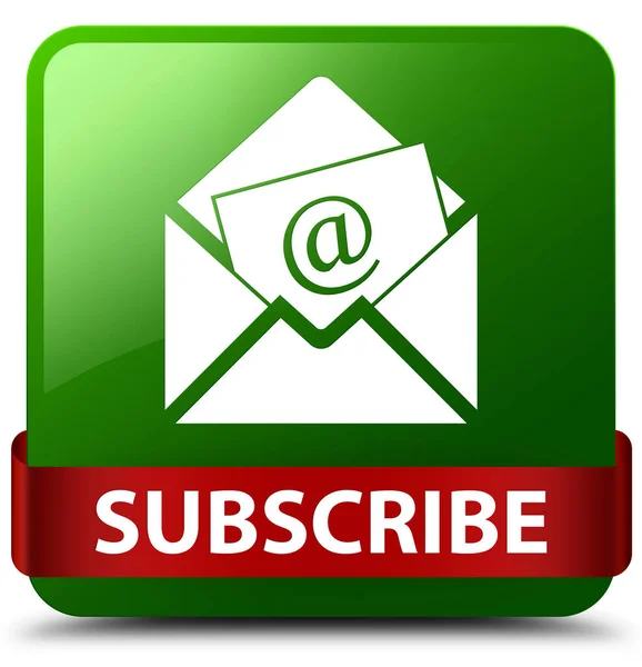 Subscribe (newsletter email icon) green square button red ribbon — Stock Photo, Image