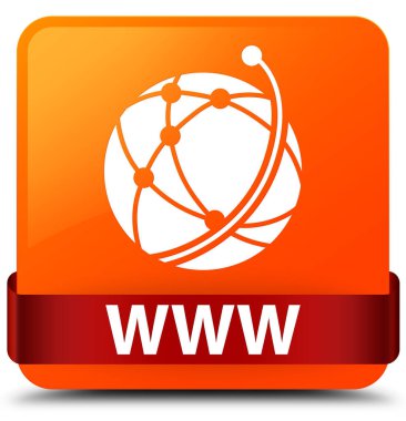 Www (küresel ağ simgesini) turuncu kare düğme kırmızı kurdele içinde orta