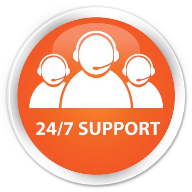 24/7 Destek (müşteri bakım ekibi simgesi) sigorta primi turuncu yuvarlak popo