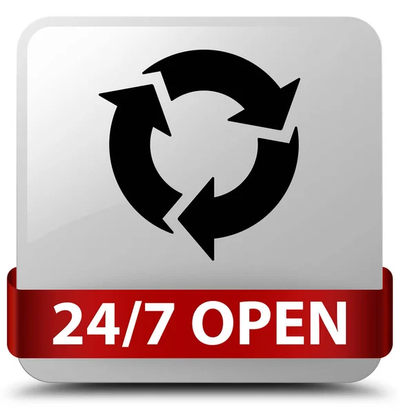 24 / 7 open white square button red ribbon in middle — стоковое фото