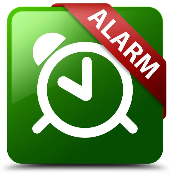 Alarmu zielony przycisk □ czerwoną wstążką w rogu — Zdjęcie stockowe