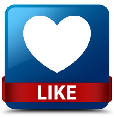 (Kalp simgesi) mavi kare düğme kırmızı kurdele gibi ortada