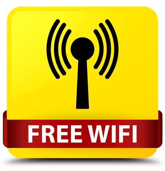 Gratis wifi (wlan-netwerk) gele vierkante knop rood lint in midd — Stockfoto