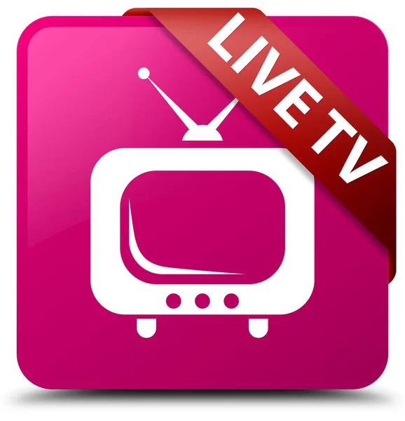 Live tv różowy kwadrat przycisk czerwoną wstążką w rogu — Zdjęcie stockowe