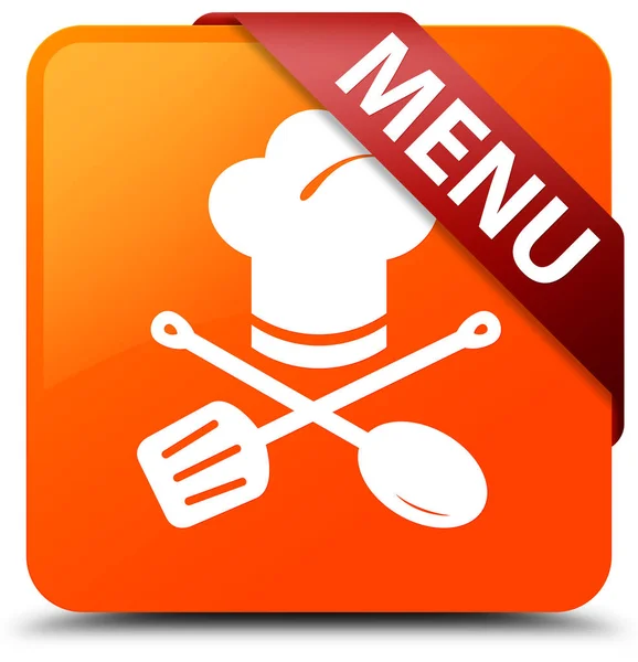 Menü (Restoran simgesi) turuncu kare düğme kırmızı kurdele köşesinde — Stok fotoğraf