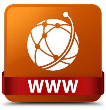 Www (küresel ağ simgesini) kahverengi kare düğme kırmızı kurdele midd