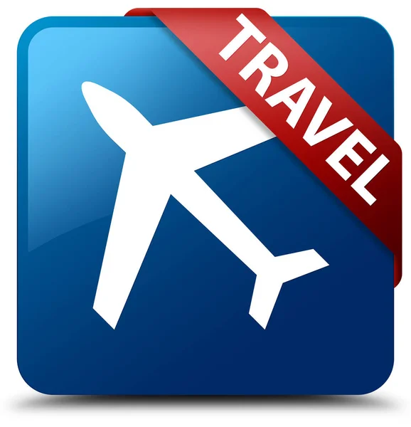Reizen (vliegtuig pictogram) blauwe vierkante knop rood lint in hoek — Stockfoto