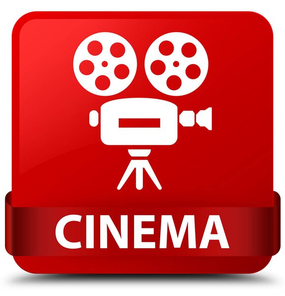 Cinema (video camera icon) isolated on red square button with red ribbon in middle abstract illustration