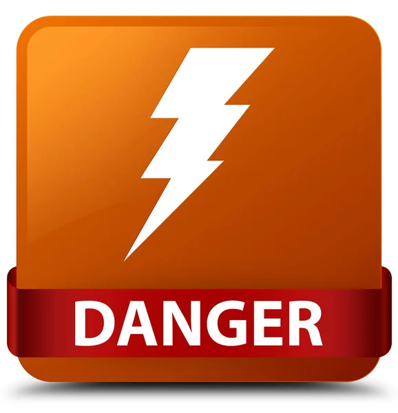 Veszély (villamos energia ikon) barna négyzet gomb piros szalag közepén — Stock Fotó