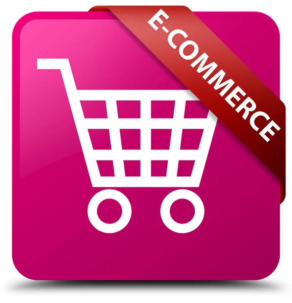 E-commerce rosa quadrado botão fita vermelha no canto — Fotografia de Stock
