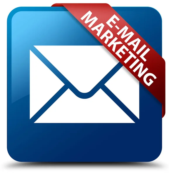 E-mail marketing μπλε τετράγωνο κουμπί κόκκινη κορδέλα στην γωνία — Φωτογραφία Αρχείου