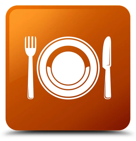 Icona piatto cibo pulsante quadrato marrone — Foto Stock