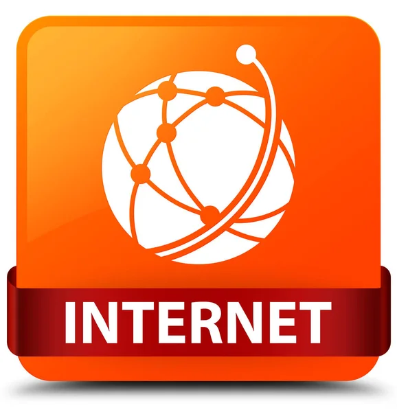 Internet (globales Netzwerk-Symbol) orange quadratischer Knopf rotes Band i — Stockfoto