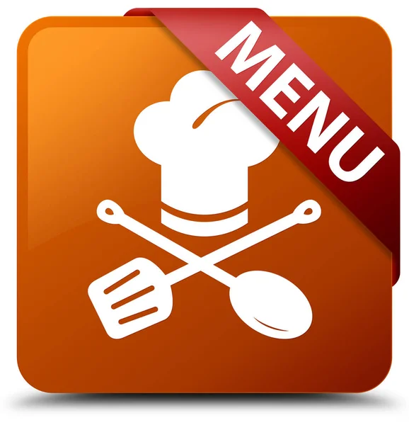 Menu (restaurant pictogram) bruine vierkante knop rood lint in hoek — Stockfoto