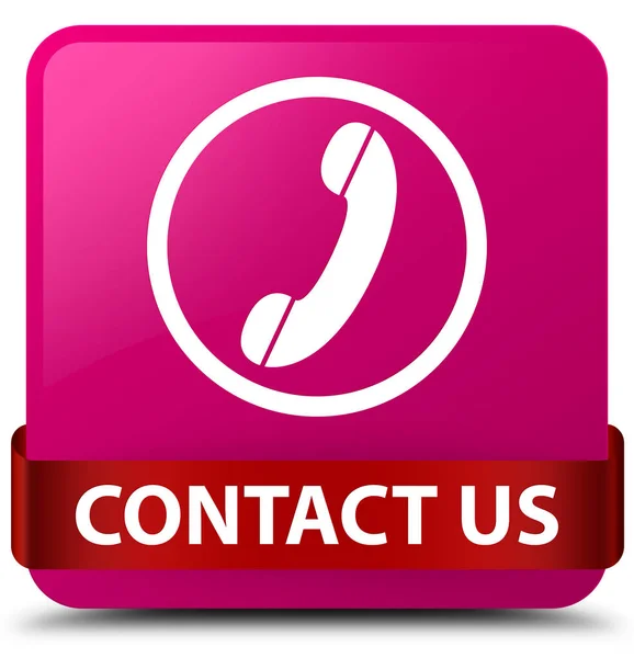 Contact us (phone icon) pink square button red ribbon in middle — Stock Photo, Image