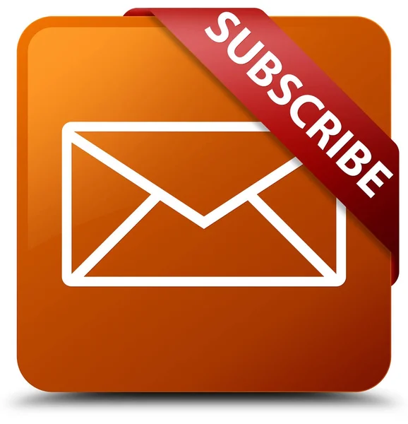 Subscribe (email icon) brown square button red ribbon in corner — Stock Photo, Image