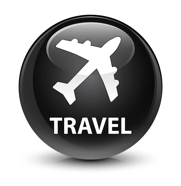 Viaje (icono de avión) botón redondo negro vidrioso —  Fotos de Stock