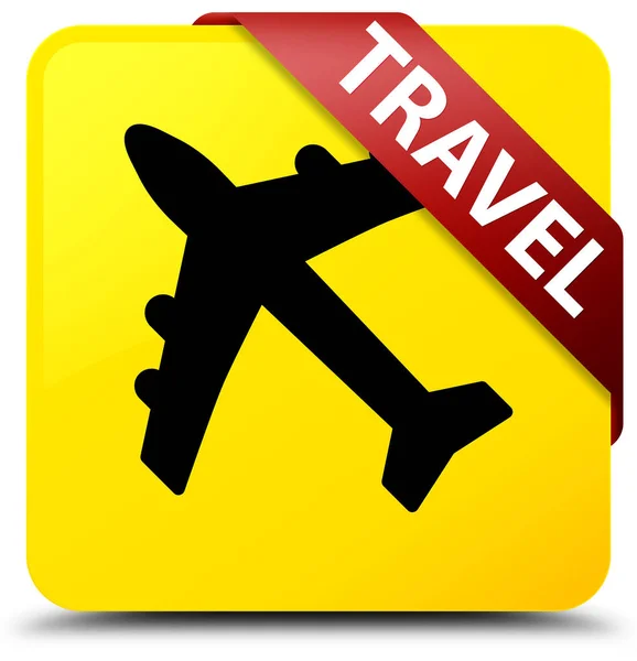 Travel (plane icon) yellow square button red ribbon in corner — Stock Photo, Image