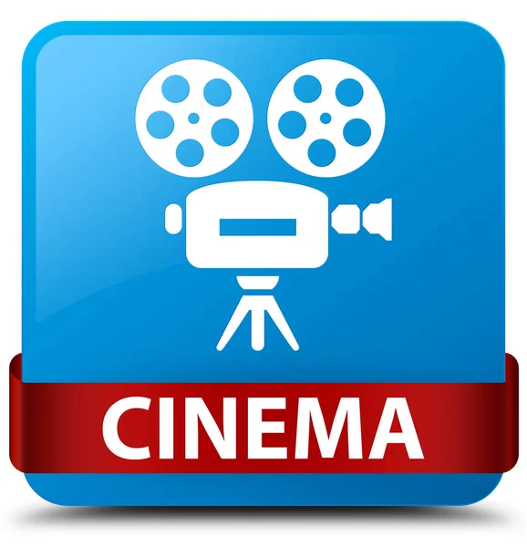 Cinema (video camera icon) cyan blue square button red ribbon in — Stock Photo, Image