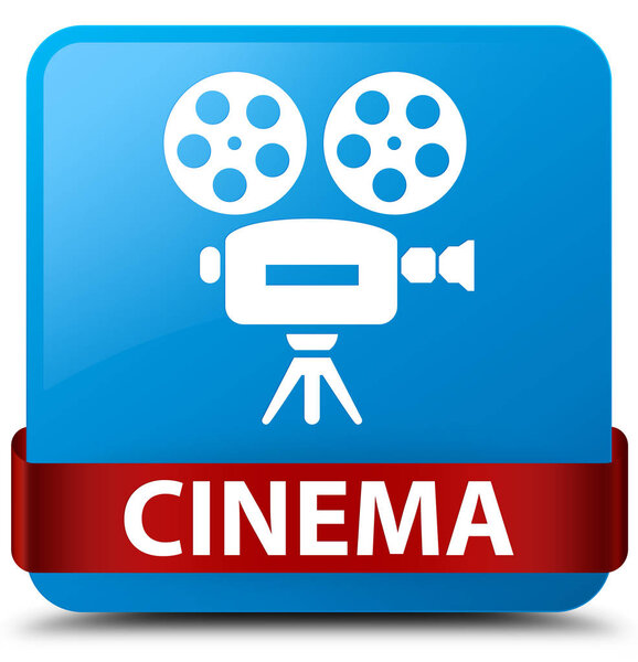 Cinema (video camera icon) isolated on cyan blue square button with red ribbon in middle abstract illustration