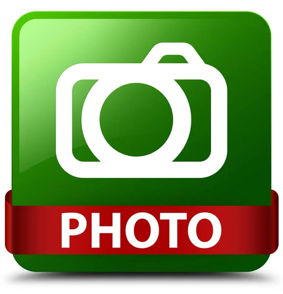 Φωτογραφία (εικονίδιο κάμερας) πράσινο τετράγωνο κουμπί κόκκινη κορδέλα στη μέση — Φωτογραφία Αρχείου