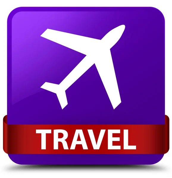 Viaje (icono de avión) botón cuadrado púrpura cinta roja en el centro — Foto de Stock