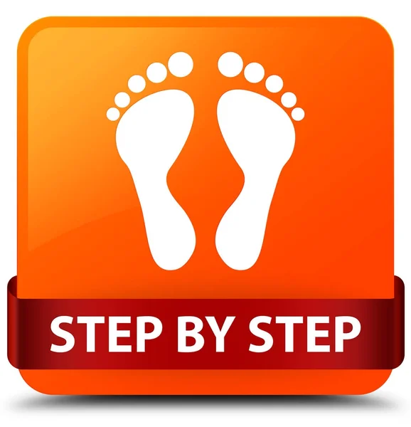 Step by step (footprint icon) orange square button red ribbon in — Stock Photo, Image