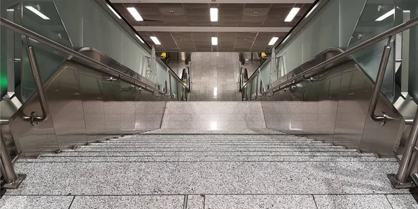 Escalera de mármol gris vacía entre los pisos del aeropuerto de Frankfurt, que baja, con vidrio, metal y plástico, iluminada por luces de techo. Simetría — Foto de Stock