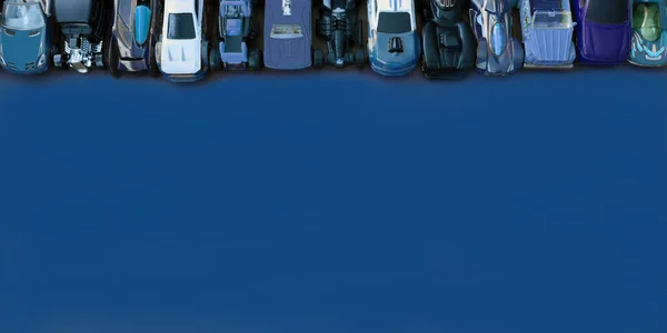 Horizontales Banner verschiedener Spielzeugmodelle von Rennwagen, Geländewagen, Draufsicht, Kopierraum — Stockfoto