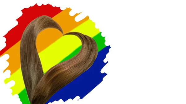 Cut hair tails in shape of heart highlighted by lines painted in colors of LGBT flag on white rectangle background. Valentines day concept card.For hair and beauty treatment salon. Banner,copy space.
