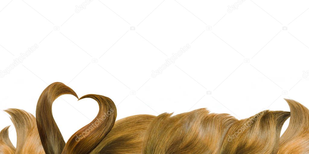 Curls of blond hair with tails in shape of heart on white.Hair salon Valentine