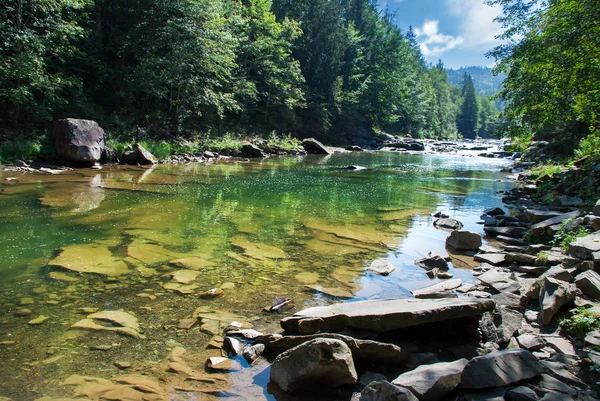 Горная река, протекающая через зеленый лес — стоковое фото