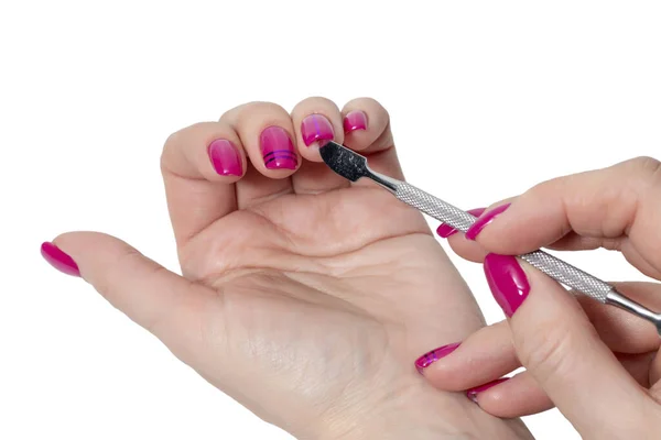 Woman Receiving Manicure Beautician Isolate White — Stock Photo, Image