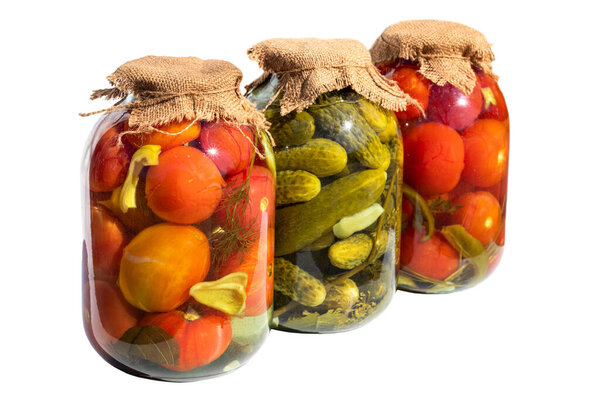 Preserved vegetables isolated in white background.