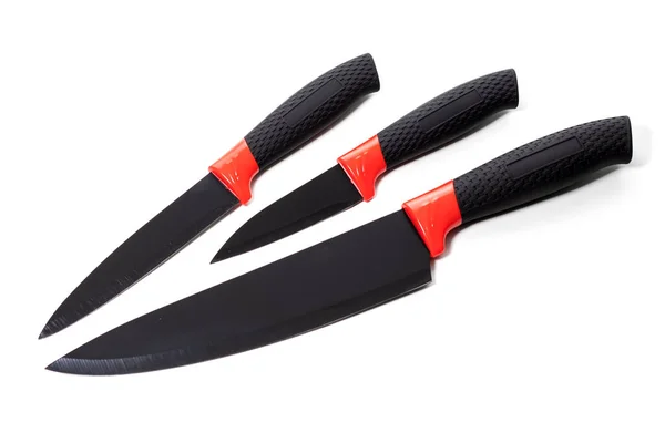 Cuchillo Cocina Acero Con Mango Negro Aislado Sobre Fondo Blanco — Foto de Stock