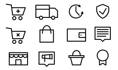 Pictogram süpermarket servislerini, Alışveriş Simgeleri 'ni ayarlayın. Çevrimiçi Alışveriş Simgesi
