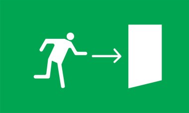 Tahliye plakası. Buradan çıkış çizimi. Yangın güvenliği. Yeşil yangın acil çıkış işareti