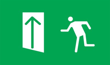 Tahliye plakası. Buradan çıkış çizimi. Yangın güvenliği. Yeşil yangın acil çıkış işareti