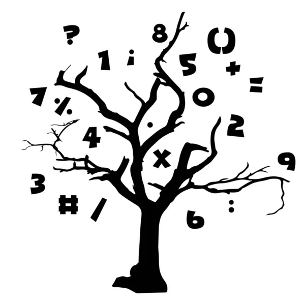 Árvore preta abstrata com números matemáticos isolados em fundo branco. Ilustração —  Vetores de Stock