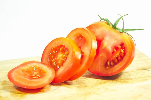 Tomates Rojos Sobre Madera Tomates Rojos Cortados — Foto de Stock