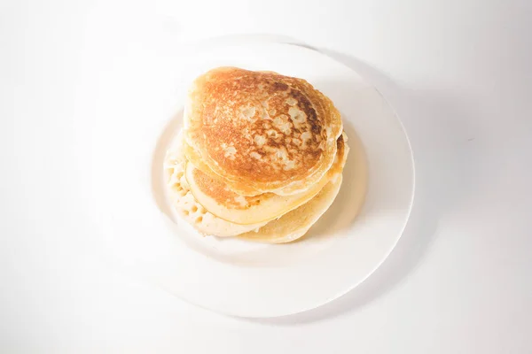 Pancakes Stacked White Plate White Background — Stock Photo, Image