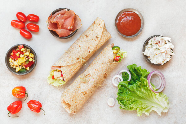Wholemeal tortilla wrap with various fillings