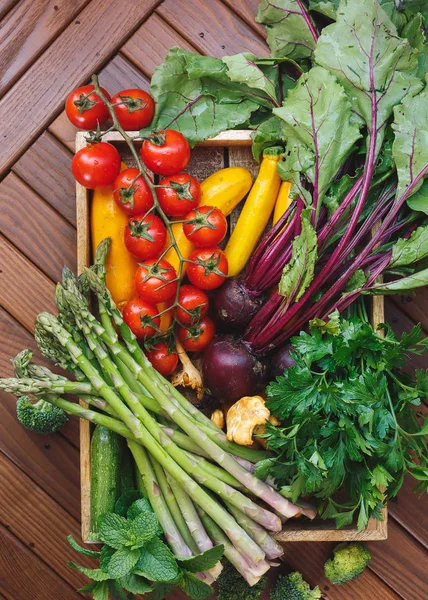 Légumes et champignons frais bio crus dans un plateau rustique — Photo